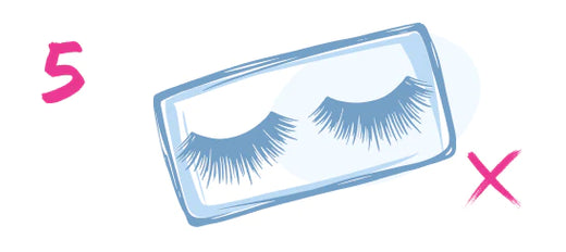 Illustration of a pair of false eyelashes in a case, with a pink number 5 on the left and a pink X on the right.