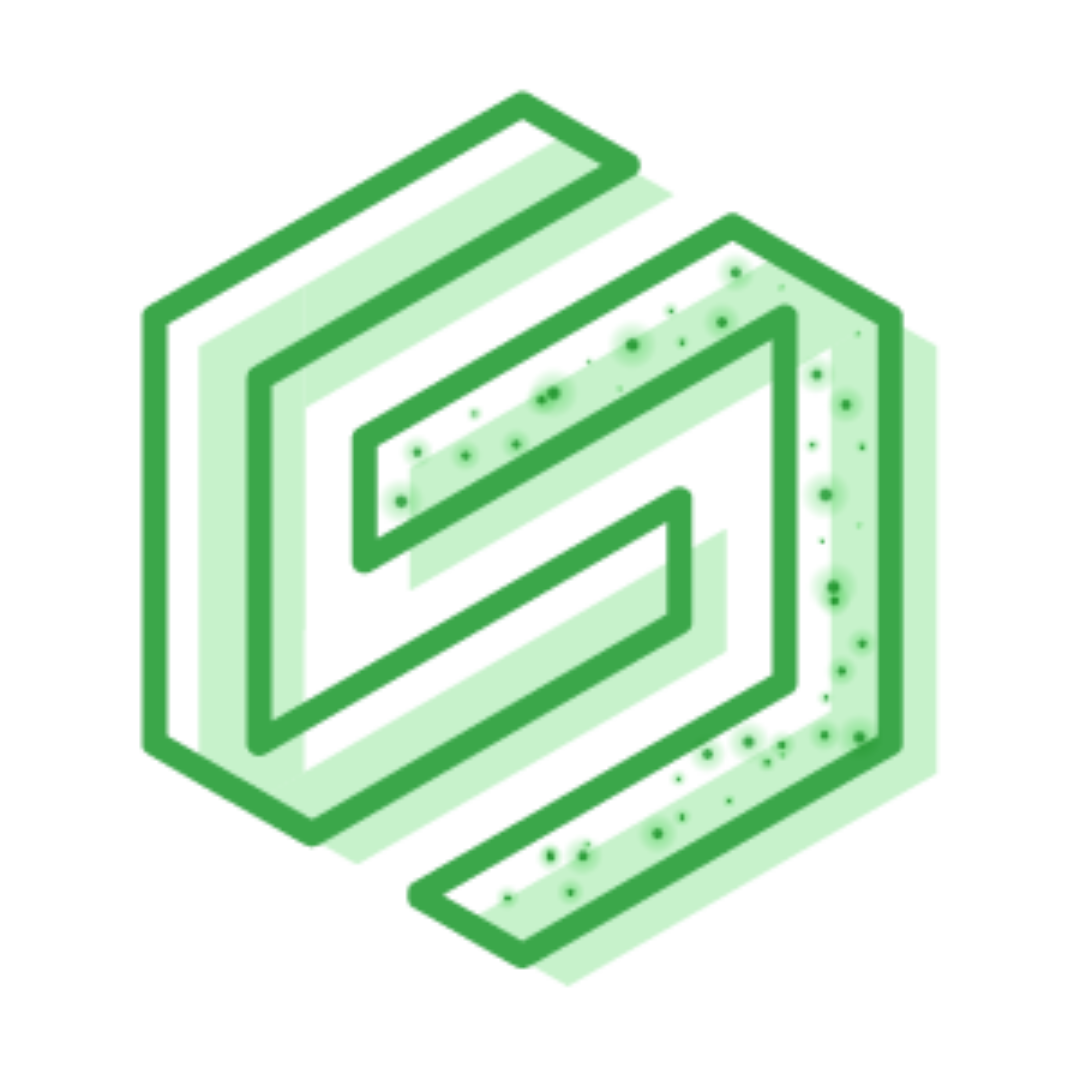 A green hexagonal geometric logo with layered lines and green dots scattered along the bottom right side on a light background.