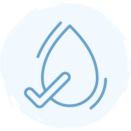 A blue outline of a water droplet with a checkmark overlay, set against a light blue circular background, representing water quality or approval.
