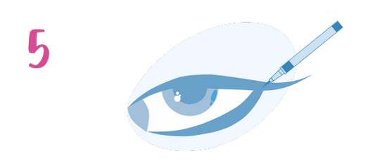 Illustration of a stylized eye with an eyeliner pencil drawing a line on the upper eyelid, next to the pink number 5.