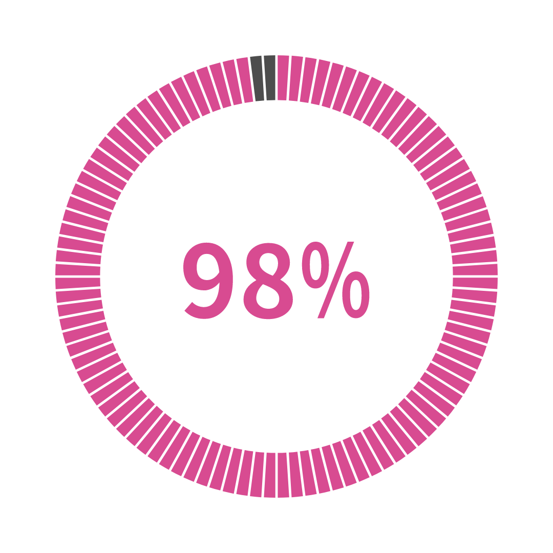 A circular progress bar, mostly filled in pink with a small gray gap at the top, displays 98% in large pink numbers at the center, indicating 98 percent completion.