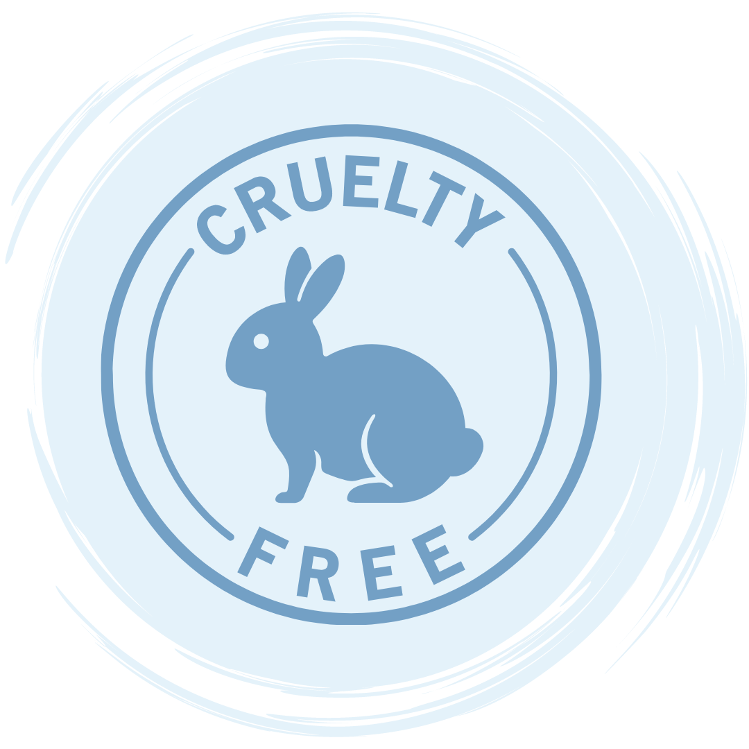 A blue circular emblem with a silhouette of a rabbit in the center and the words CRUELTY FREE above and below the rabbit, signifying products not tested on animals.