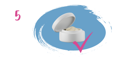 A white jar of cream with the lid open sits on a blue brushstroke background. A pink number 5 and a pink check mark are also visible.