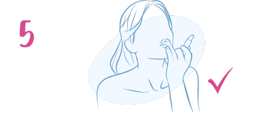Line drawing of a person applying lipstick to their lips with one hand. The number 5 and a check mark are shown in pink on either side of the image.