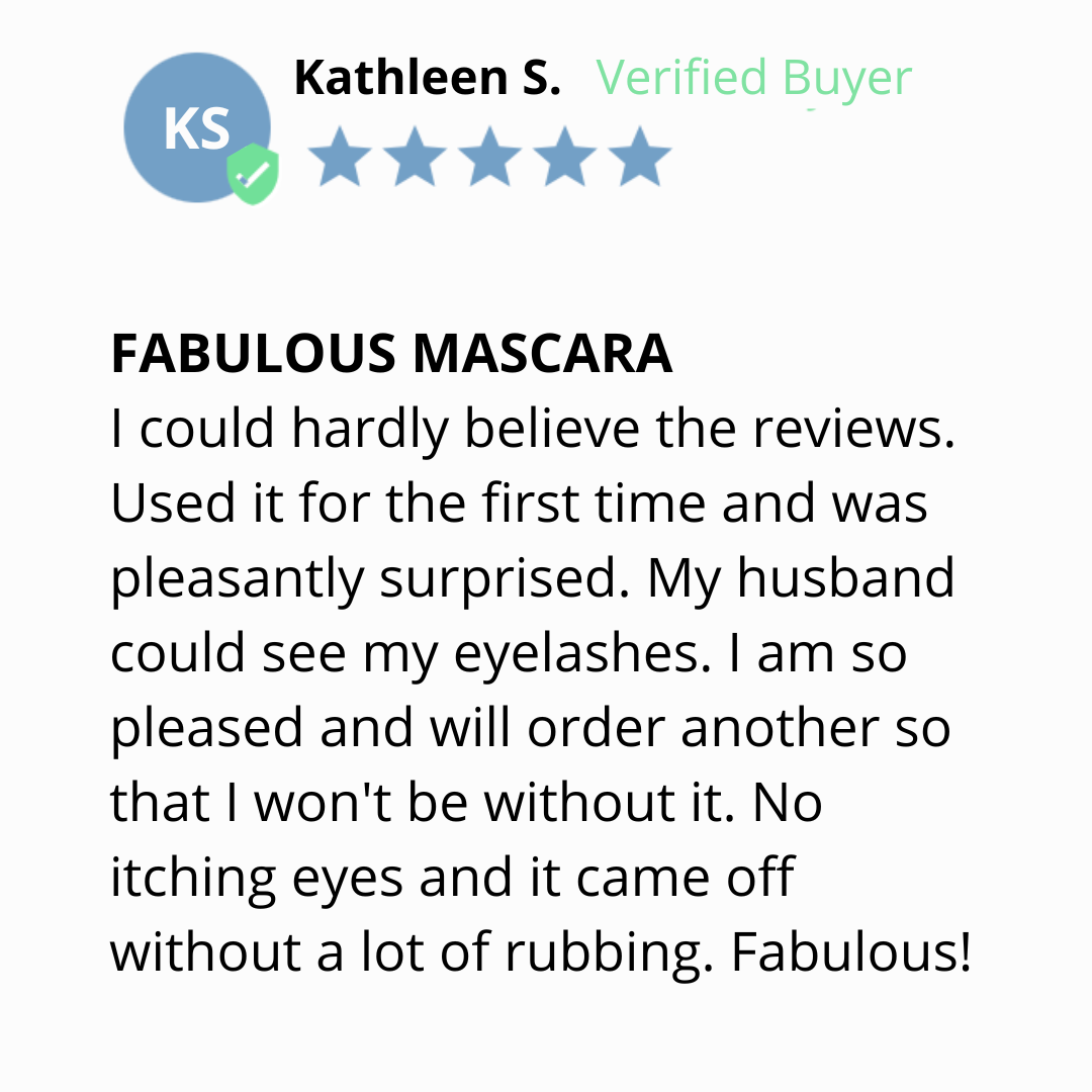 A customer review for mascara by Kathleen S., a verified buyer, rating it five stars and praising its effectiveness, ease of removal, and comfort, mentioning no itching and visible eyelashes.