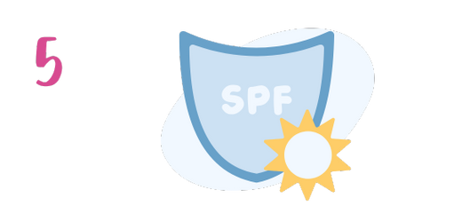 Illustration of a blue shield labeled SPF with a yellow sun partially overlapping it; the number 5 appears in pink on the left side.