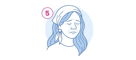 A woman with long hair and a headscarf appears to be in pain or discomfort, with her eyes closed and a sad expression. A pink circle with the number 5 is displayed near her head.