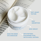 Prime Prometics PrimeEyes Hydrate open jar showing soft, balmy cream with easy absorption, non-greasy finish, base for under-eye concealer; with peptides, hyaluronic acid, witch hazel, and saffron