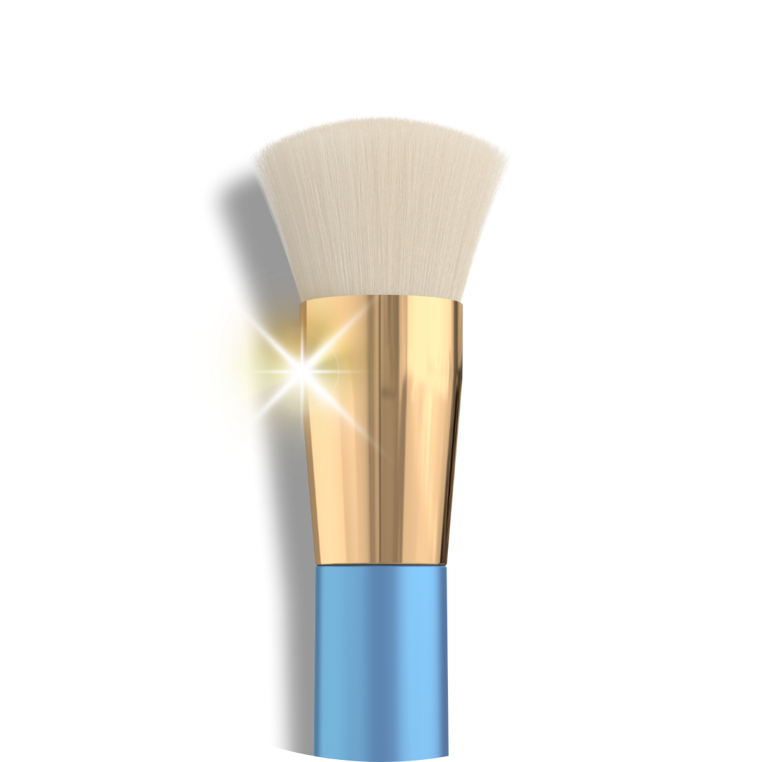A makeup brush with soft white bristles, a shiny gold ferrule, and a blue handle. A bright star-shaped sparkle appears on the metal part, emphasizing its cleanliness or newness. The background is white.