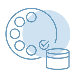 A simple line drawing of a makeup palette with five circular pans, a checkmark symbol, and a round makeup container against a light blue circular background.