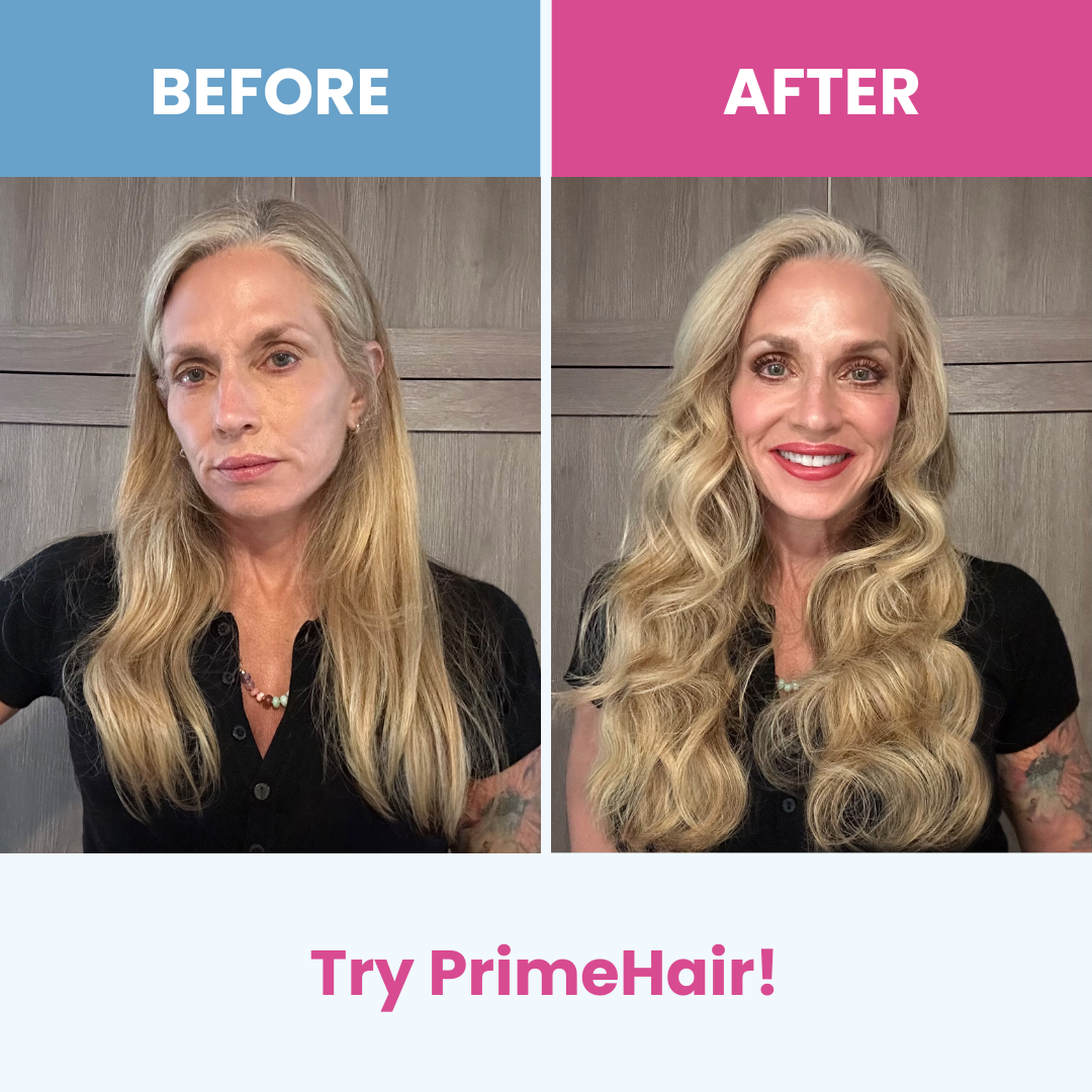 Side-by-side photos of a woman before and after using PrimeHair. In the before image, her hair is straight; in the after image, her hair is voluminous and styled in waves. Text reads: Try PrimeHair!.