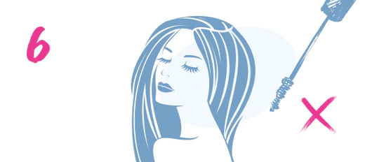 Illustration of a woman with long eyelashes and closed eyes. To the right, there is a mascara wand with a pink X mark, and to the left, the number 6 in pink.