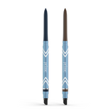 Two PrimePrometics™ PrimeEyes Glide Eyeliners—one blue, one brown—feature light blue barrels, white chevrons, and smudge applicators. These water-resistant pro-age pencils for mature eyelids stand upright on a white background.