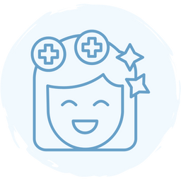 A blue outline icon of a smiling face with closed eyes, medical crosses above the head, and two stars near the hair, suggesting health and happiness.