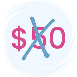 The image shows a large pink $50 with a blue X drawn over it, indicating that the $50 price has been canceled or is no longer applicable. The background is light blue.