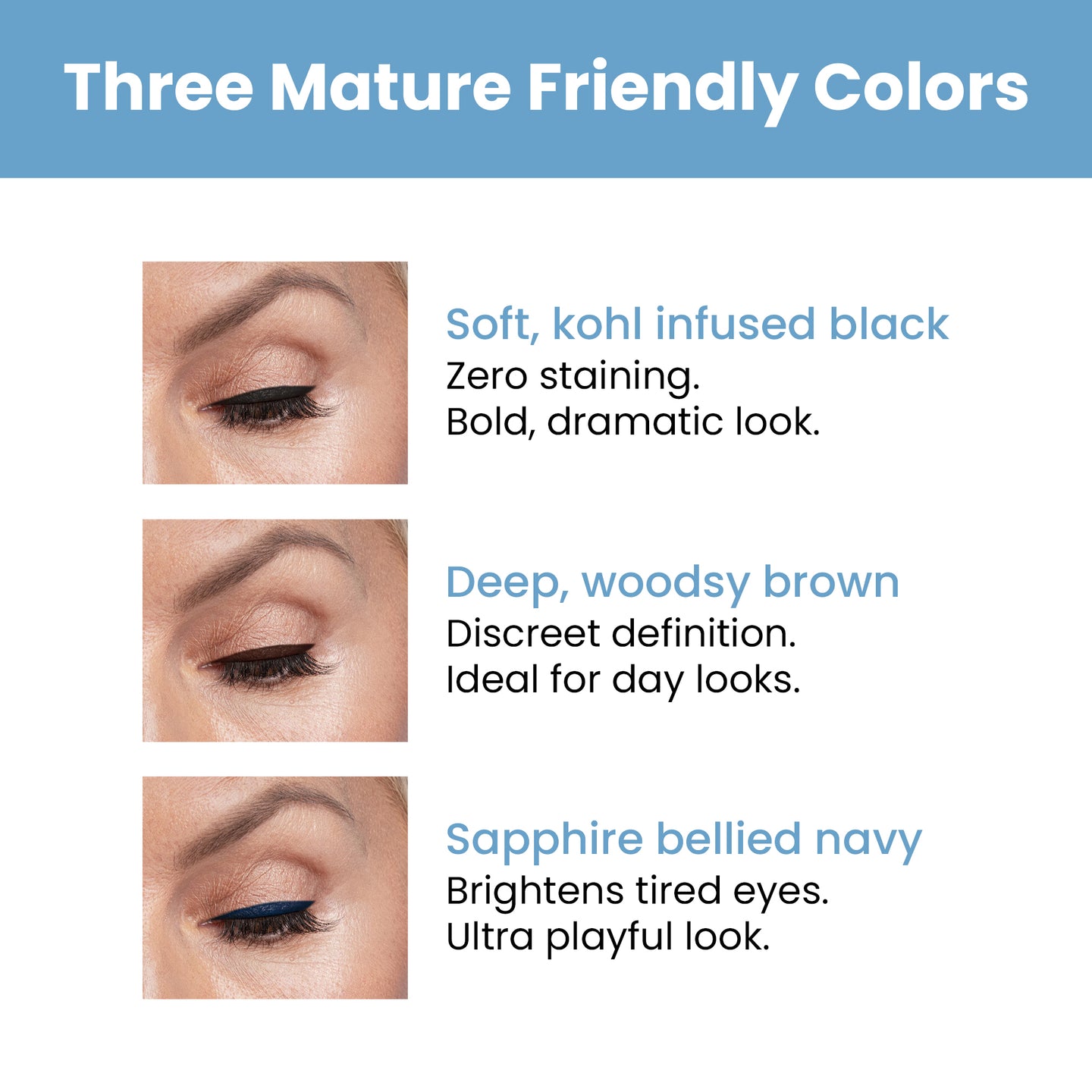 Three close-up eye photos showcase PrimePrometics™ Ecstatic Eyes eyeliners in black, brown, and navy. Each water-resistant shade offers a unique benefit for mature eyes, with concise descriptions beside each image for easy definition and brightness.