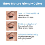 Three close-up eye photos showcase PrimePrometics™ Ecstatic Eyes eyeliners in black, brown, and navy. Each water-resistant shade offers a unique benefit for mature eyes, with concise descriptions beside each image for easy definition and brightness.