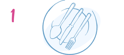 A pink number 1 and a blue outline drawing of a plate with a spoon, knife, and fork placed on it.