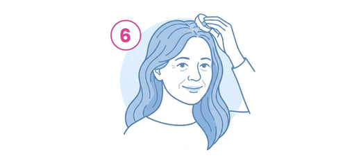 Illustration of a woman smiling and applying something to her scalp with her right hand. A pink number 6 is in a circle next to her head.