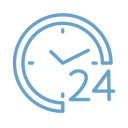Blue outline of a clock showing 10:10 with the number 24 beside it, symbolizing 24-hour or around-the-clock service, on a light background.