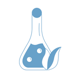 A blue outline of a laboratory flask filled with liquid and bubbles, with a leaf in front, symbolizing eco-friendly or natural science.