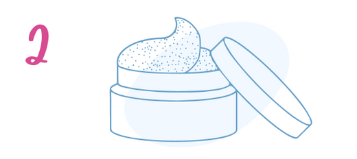 A blue outline drawing of an open jar of cream with a textured surface, next to a tilted lid. A pink number 2 is on the left side.