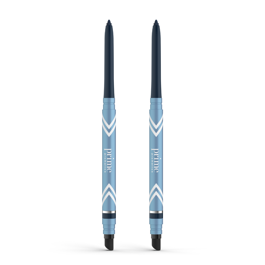 Two PrimePrometics™ PrimeEyes Glide Eyeliners, blue retractable pencils with pointed tips, silver chevron design, Prime branding, and smudgers on one end, stand upright on a white background. Set includes 2 pieces.