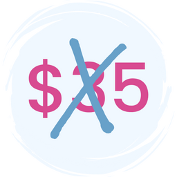 A large pink dollar sign and the number 35 are crossed out with a thick blue X on a light background, indicating a price change or discount.