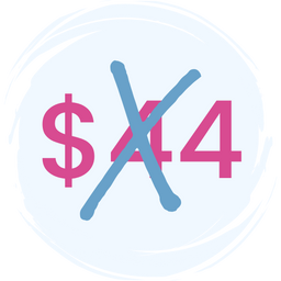 A pink dollar sign and the number 44 are crossed out with a large blue X on a light background, indicating a price change or discount.
