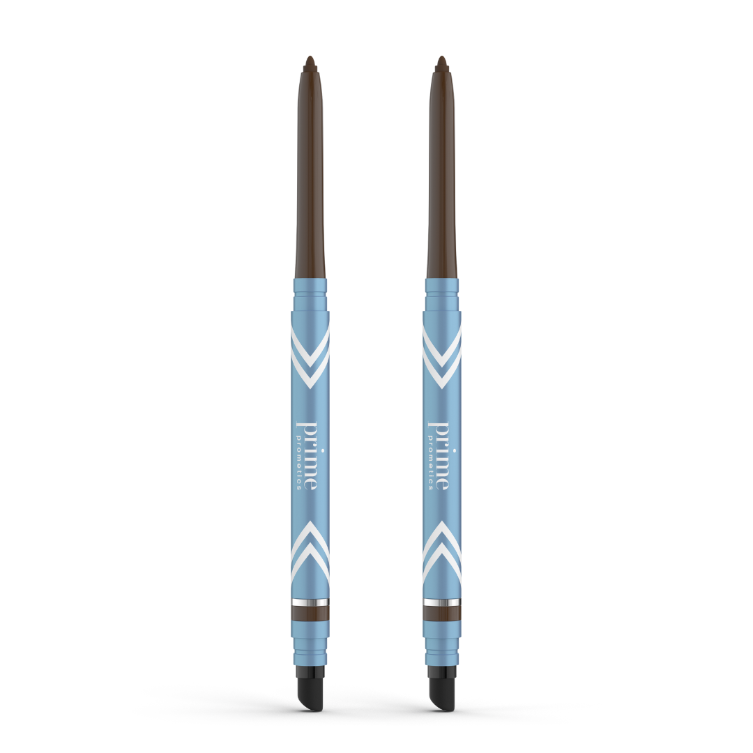 Two blue PrimePrometics™ 2pcs PrimeEyes Glide Eyeliner pencils with brown tips stand upright side by side, featuring white chevrons and “prime” on their bodies. Black smudger tips are at the base—ideal for mature eyelids.