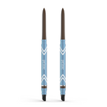 Two blue PrimePrometics™ 2pcs PrimeEyes Glide Eyeliner pencils with brown tips stand upright side by side, featuring white chevrons and “prime” on their bodies. Black smudger tips are at the base—ideal for mature eyelids.