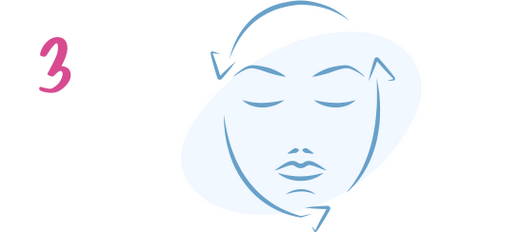 A minimal blue line drawing of a calm face with closed eyes and relaxed expression, next to a pink number 3 on a white background with a light blue oval shape behind the face.