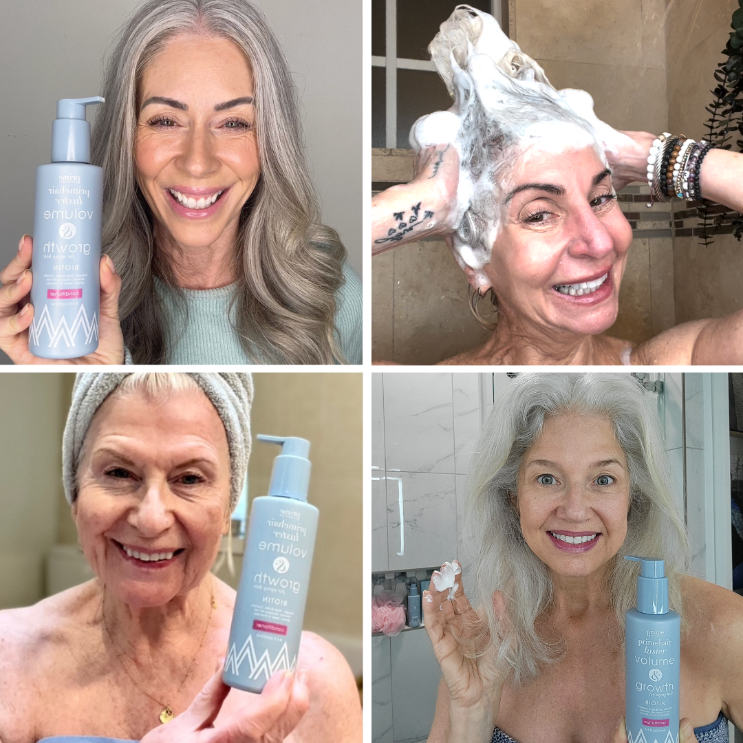 A collage of four older women with gray hair, each smiling and holding or using a bottle of natural shampoo. One woman is applying shampoo in the shower, while the others pose with the product.