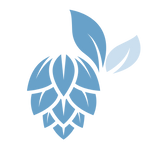 A minimalist blue illustration of a hop cone with two leaves, one darker and one lighter, on a light gray background.