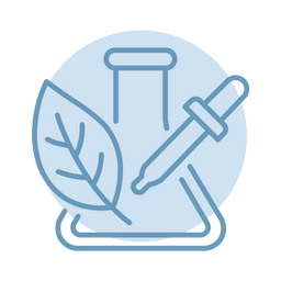 Blue line art illustration of a pipette, a leaf, and a laboratory flask, symbolizing scientific research or natural product testing, set against a light blue circular background.