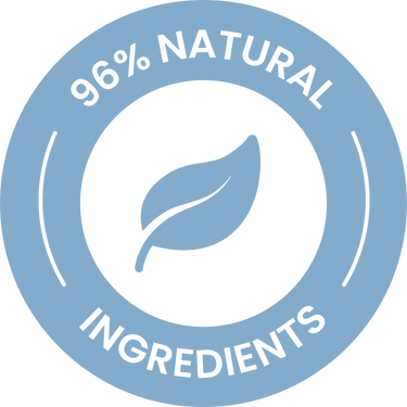 A blue circular badge with a white center, featuring a leaf icon. The text around the circle reads 96% NATURAL INGREDIENTS in white capital letters.