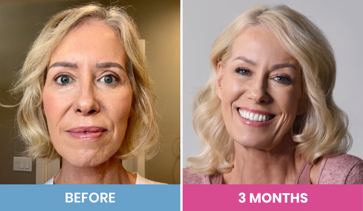 Split-screen image showing the same woman before and after three months. On the left, she looks serious with minimal makeup; on the right, she is smiling brightly, appearing more youthful and vibrant.