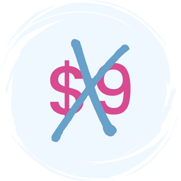 A pink dollar sign and the number 9 are crossed out with a large blue X on a light background, indicating a price change or discount.
