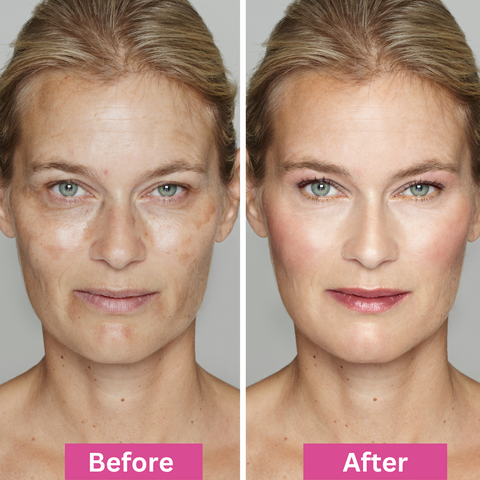 Side-by-side photos of the same woman; the left image (“Before”) shows her with natural skin, while the right image (“After”) shows her with smoother skin, even tone, and enhanced makeup.