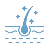 A blue icon of a hair follicle in skin with sparkles around it, symbolizing healthy or clean hair growth.