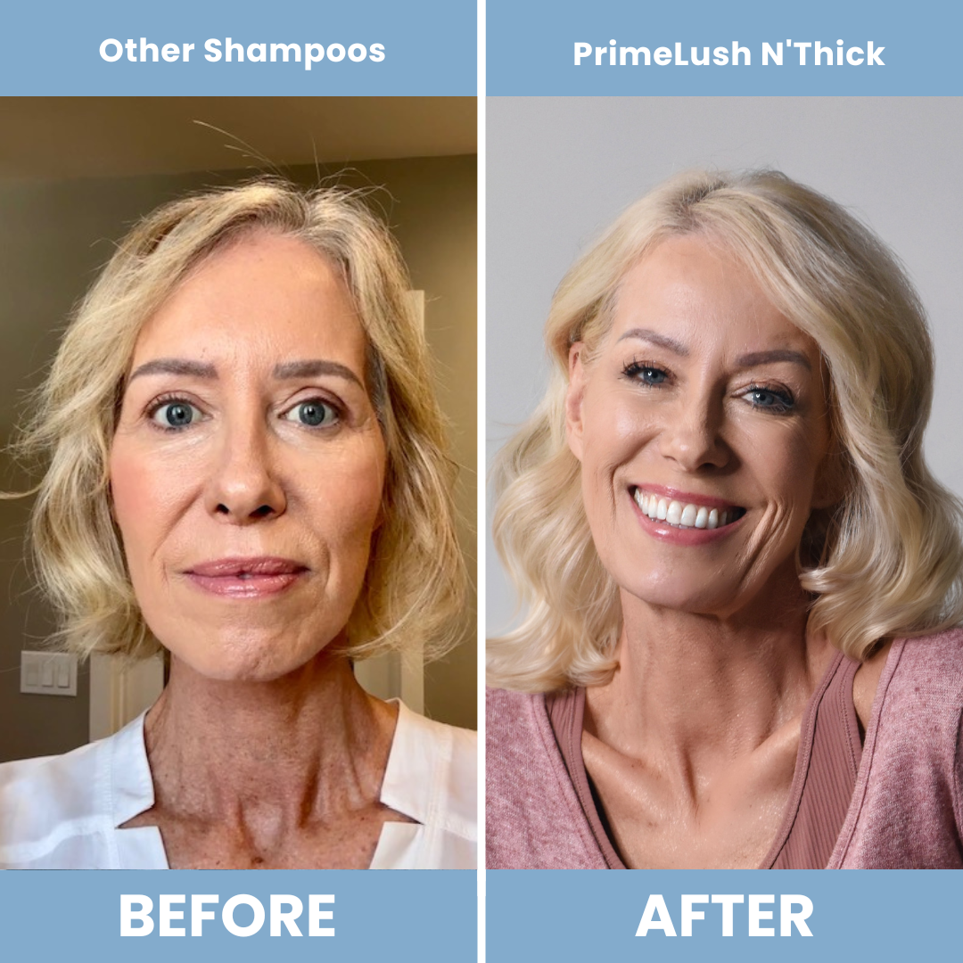 Before and after using PrimeHair Lush N' Thick versus other shampoos: a woman's face and hair look tired and dull versus brighter, fuller and more styled