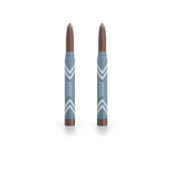 Two identical PrimePrometics™ 2pcs PrimeEyes Eye Brightener sticks with blue and white chevron-patterned packaging stand on a white background, ideal for adding radiance to your eye care routine.