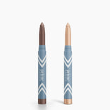 The 2pcs PrimeEyes Eye Brightener by PrimePrometics™ showcases two blue sticks with white chevrons and shimmery brown and champagne tips—ideal for eye care and brightening—displayed upright on a white background.