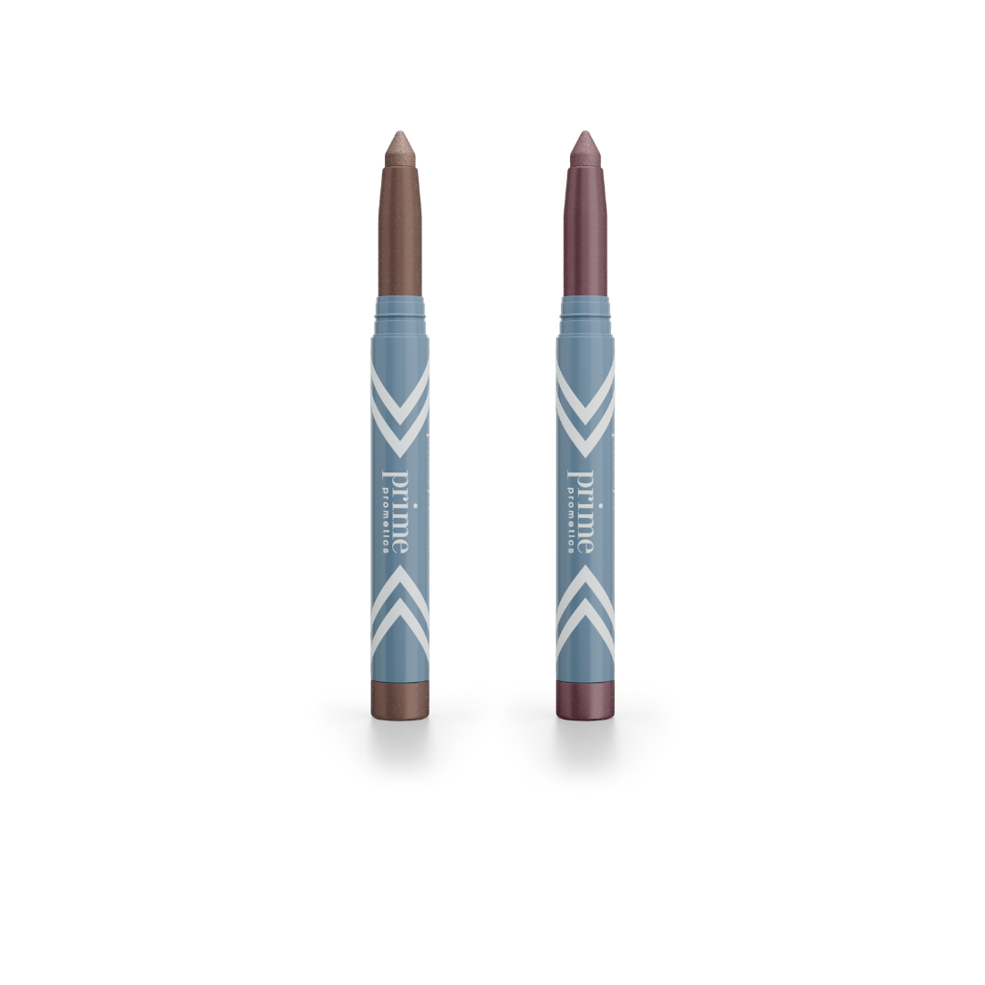Two blue PrimePrometics™ 2pcs PrimeEyes Eye Brightener sticks with white chevrons stand upright on a white background, caps removed to reveal one brown and one mauve eyeshadow tip.