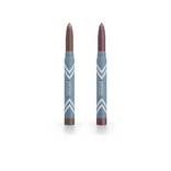 Two blue PrimePrometics™ 2pcs PrimeEyes Eye Brightener sticks with white chevrons stand upright on a white background, caps removed to reveal one brown and one mauve eyeshadow tip.