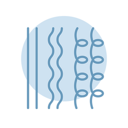 Simple illustration showing four different hair textures: straight, wavy, curly, and coily, represented by lines with varying degrees of curves against a light blue circular background.
