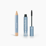 Two blue makeup products from PrimePrometics™'s 8 Hours of Sleep Kit on a white background: a thick concealer pencil with beige tip labeled "prime" and an open PrimeLash Mascara tube with black wand.