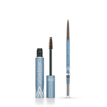 Two blue eyebrow makeup products—the Tint & Define Duo by PrimePrometics™—including a pencil with spoolie brush and a volumizing brow gel with brush wand, are displayed on a white background.