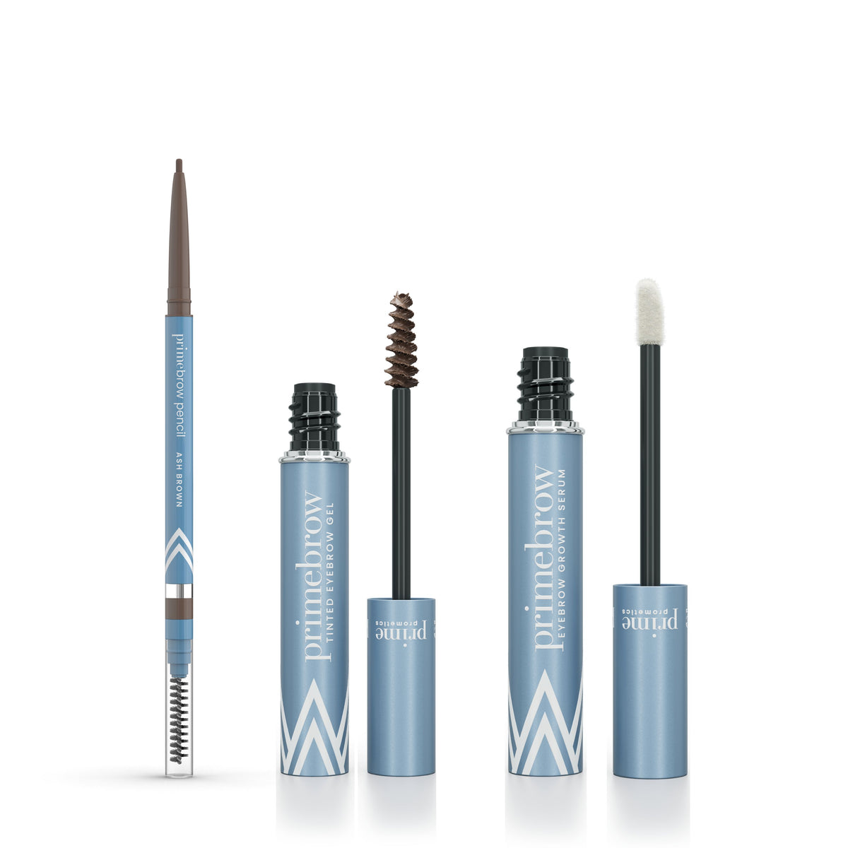 The PrimePrometics™ Big Brow Bundle includes four blue eyebrow products: a PrimeBrow Pencil with spoolie, a tinted gel with brush, a clear gel with brush, and a clear gel with foam applicator.