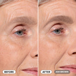 Before-and-after eye closeup showing visibly fuller brows after Prime Prometics PrimeBrow Pencil in Ash Brown